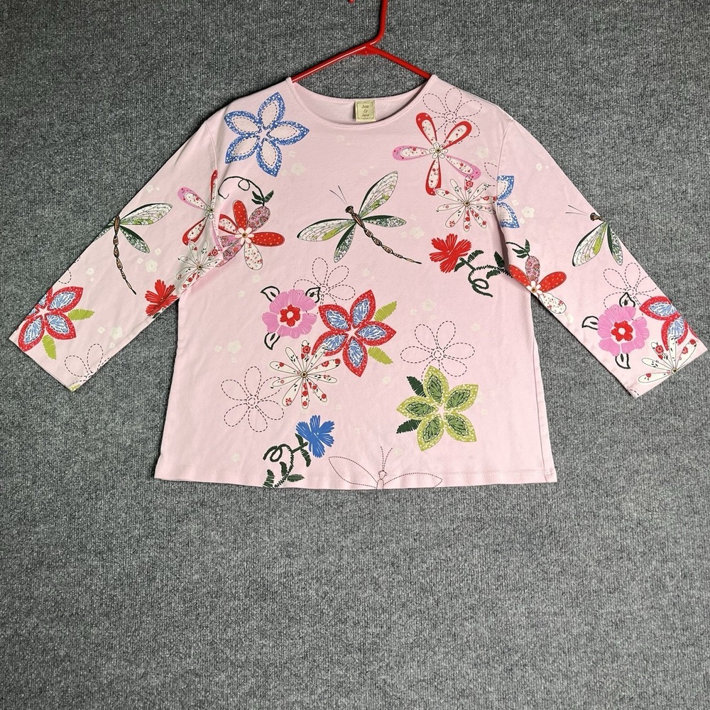 Jess And Jane Top Pink Dragonfly Floral 3/4 Sleeve Art To Wear Artsy L/XL